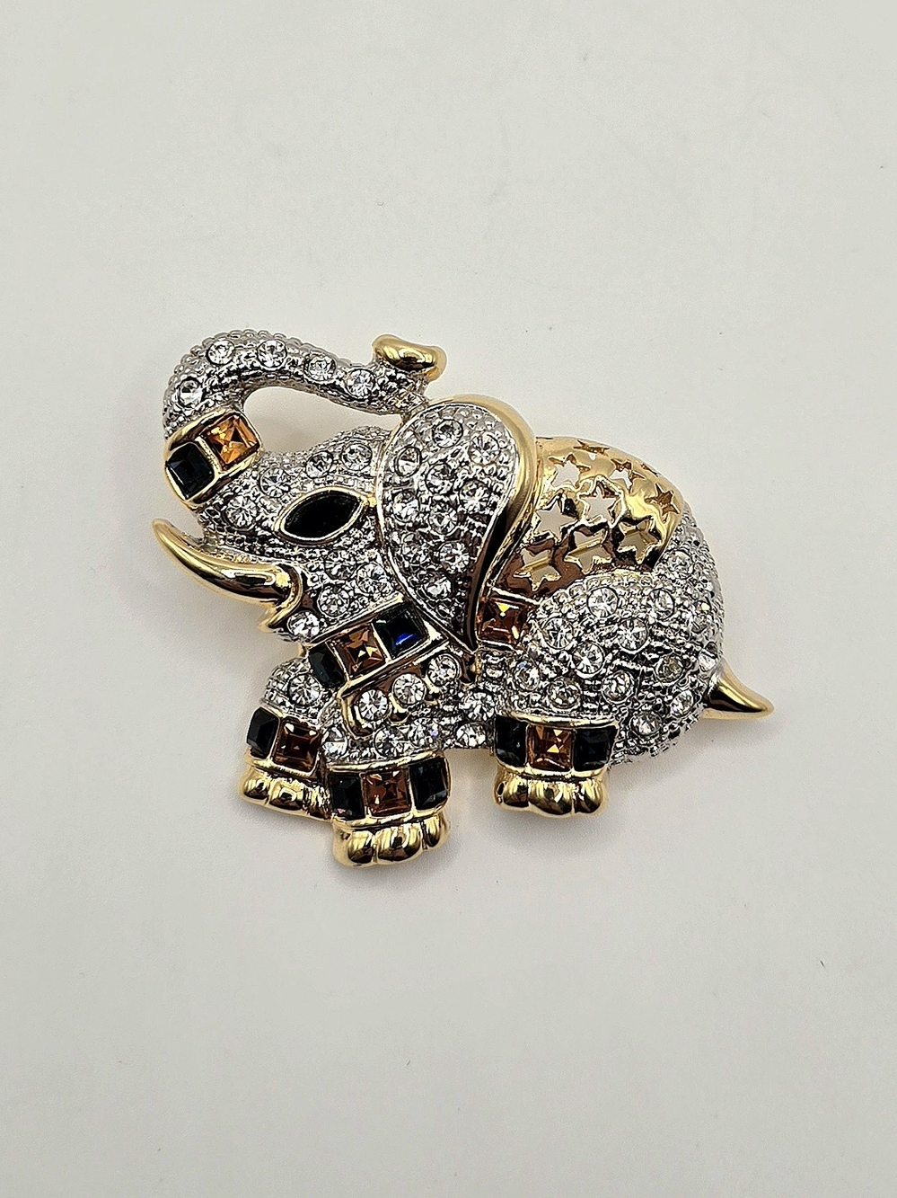Vintage Gold Plated Elephant Brooch – Rhinestone Crystal Statement Pin